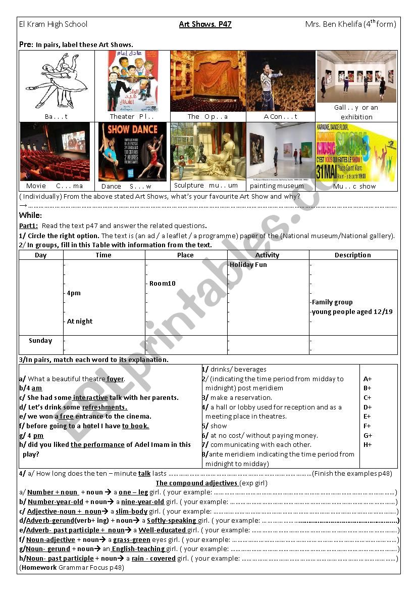 Art Shows worksheet