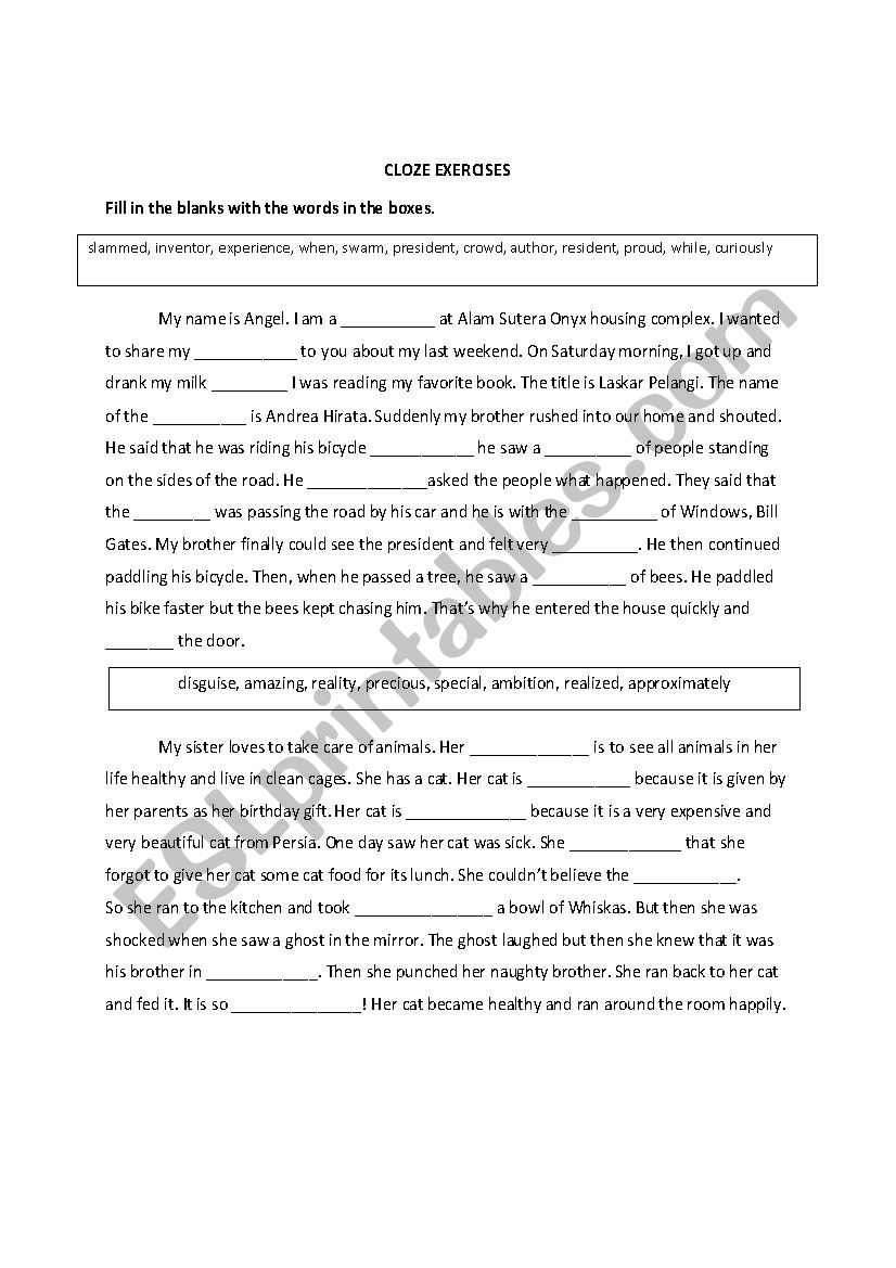 Cloze exercises worksheet