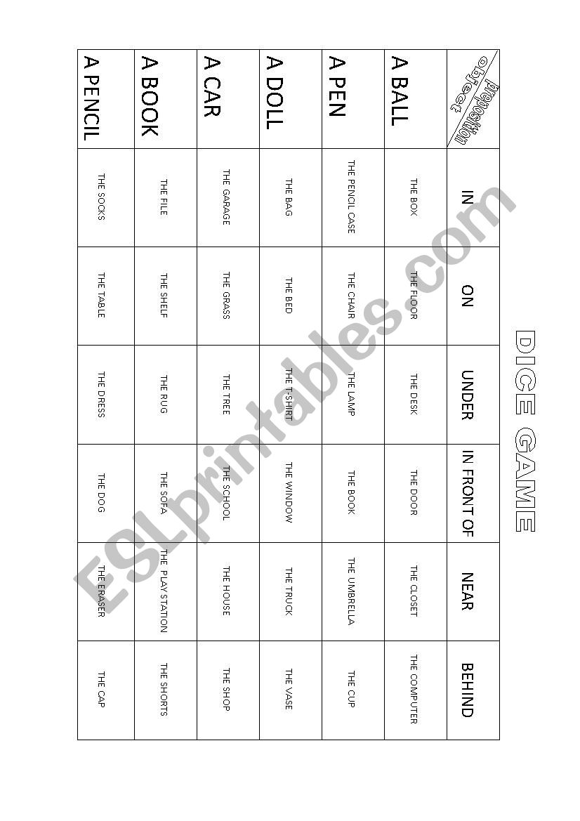 DICE GAME - PREPOSITION worksheet