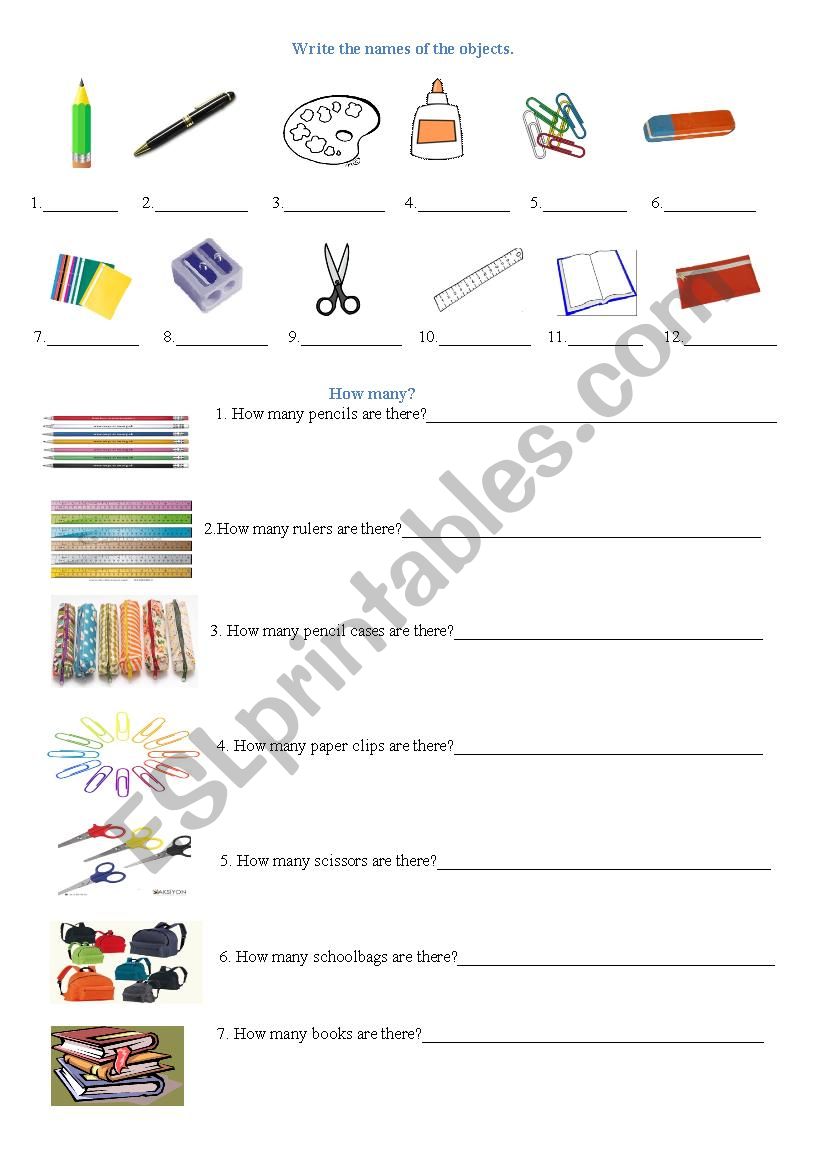 School Objects/ How many? worksheet