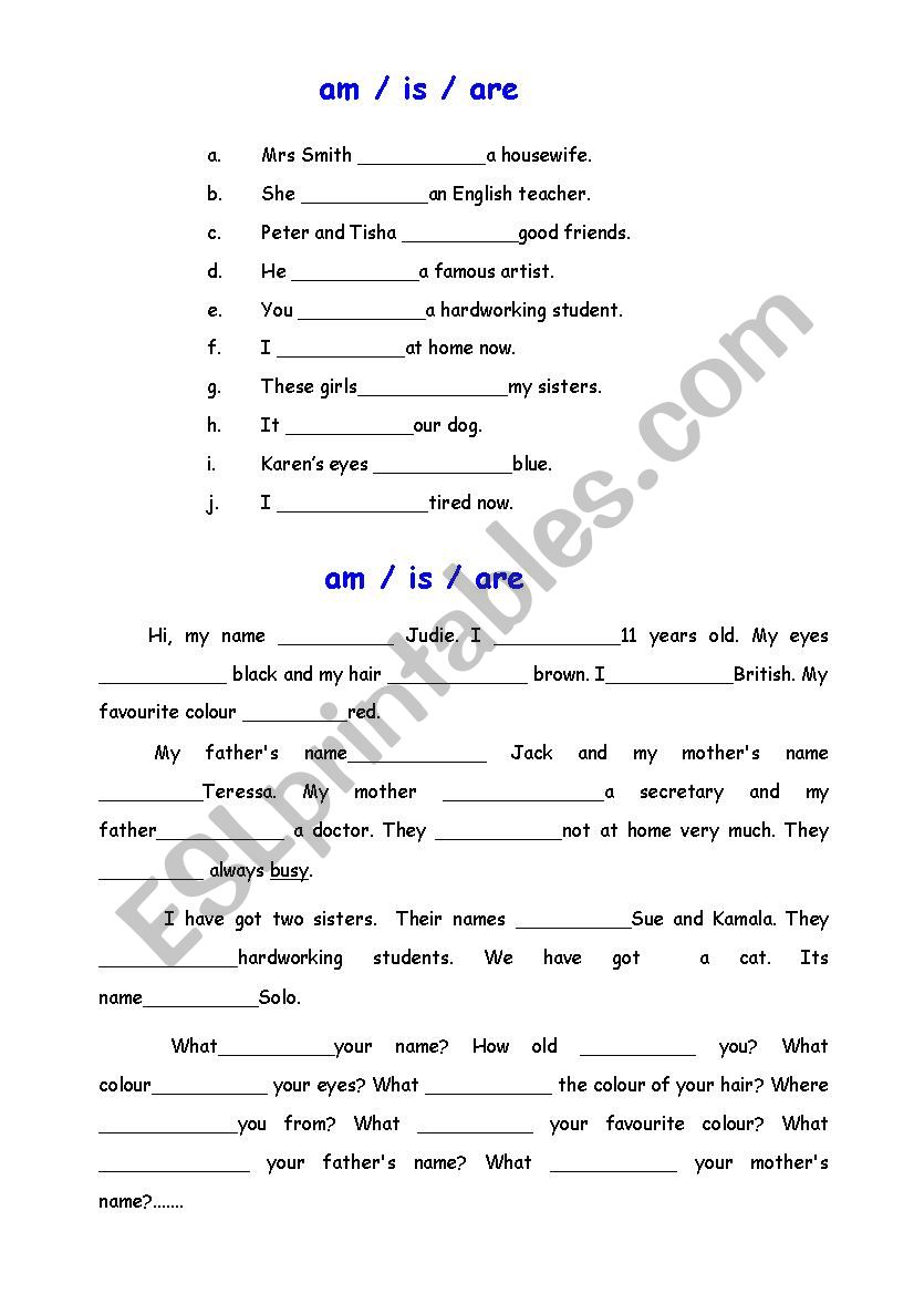 am/ is / are worksheet