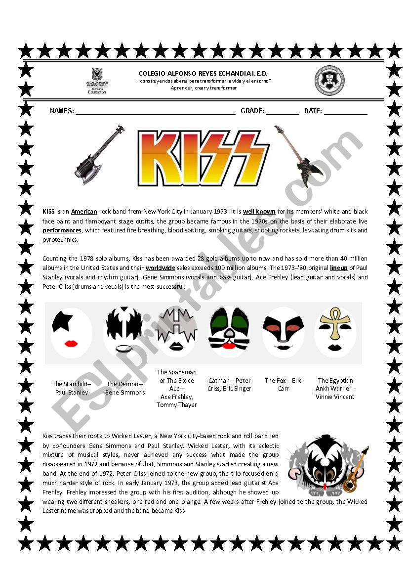 KISS! the 70s rock band worksheet