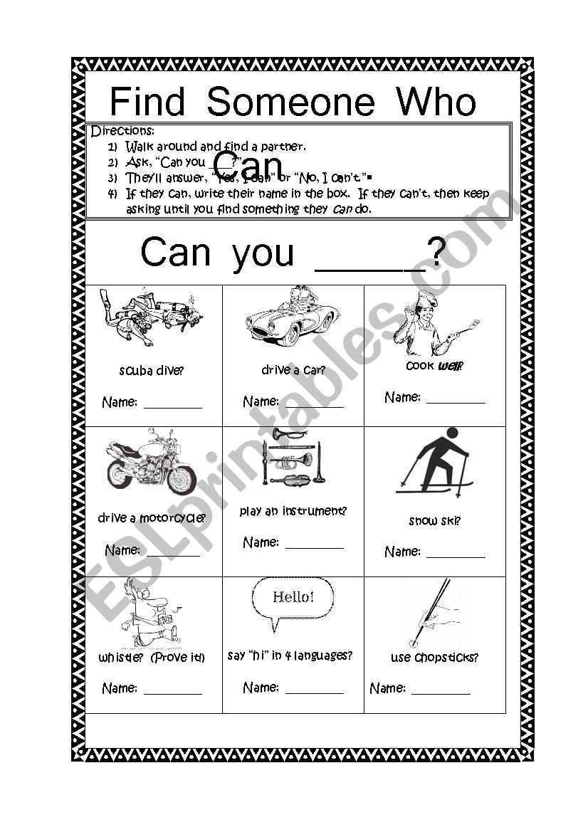 Find Someone Who Can . . .  worksheet
