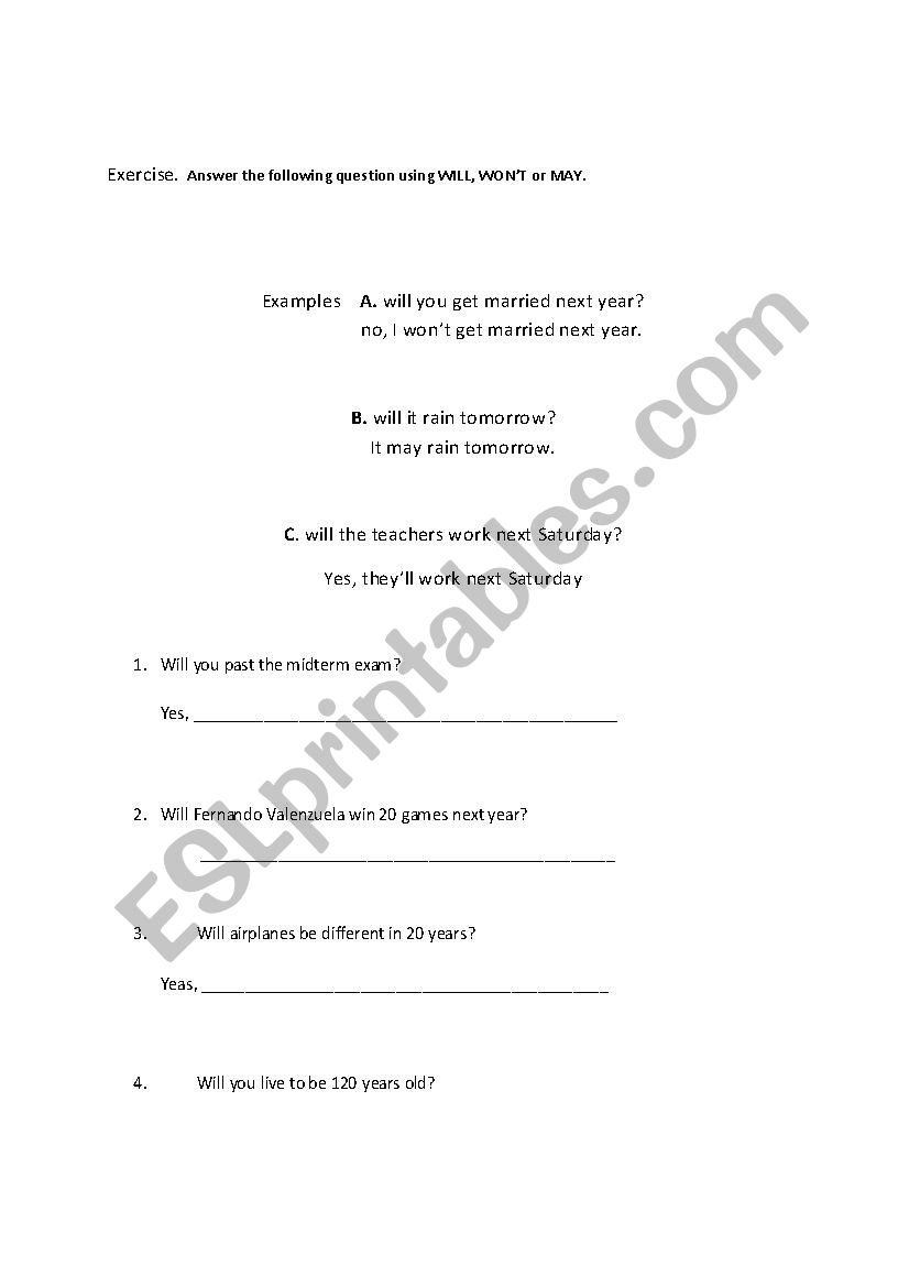 using will, wont  or may  worksheet