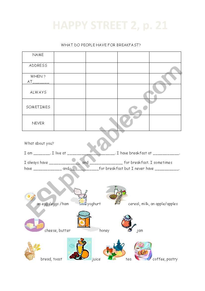 Breakfast  Happy Street 2 worksheet