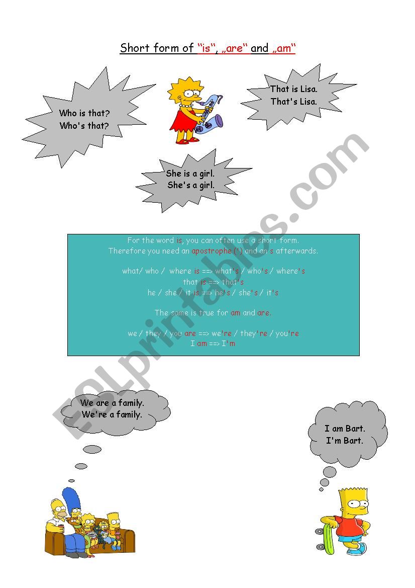 short forms of am, is and are worksheet
