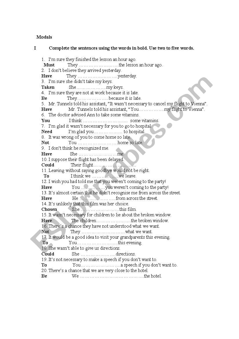 Modals. Past worksheet