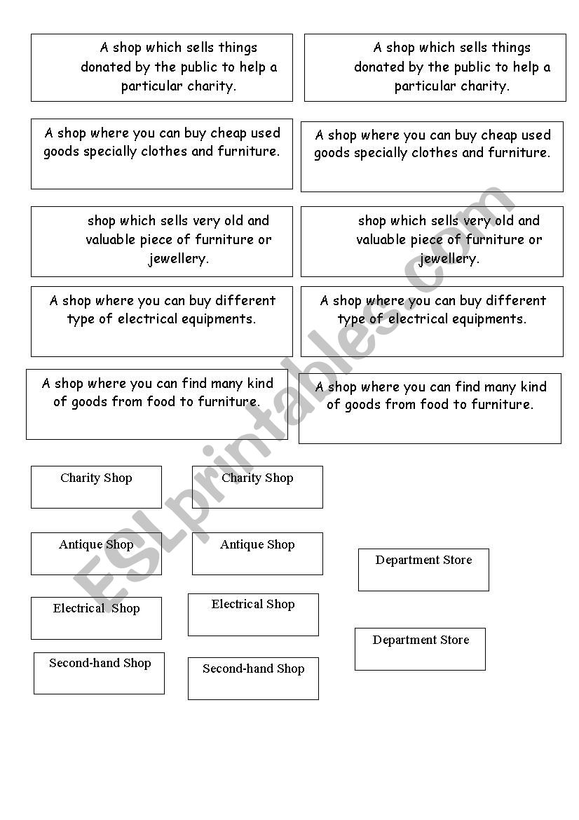 types of shops worksheet