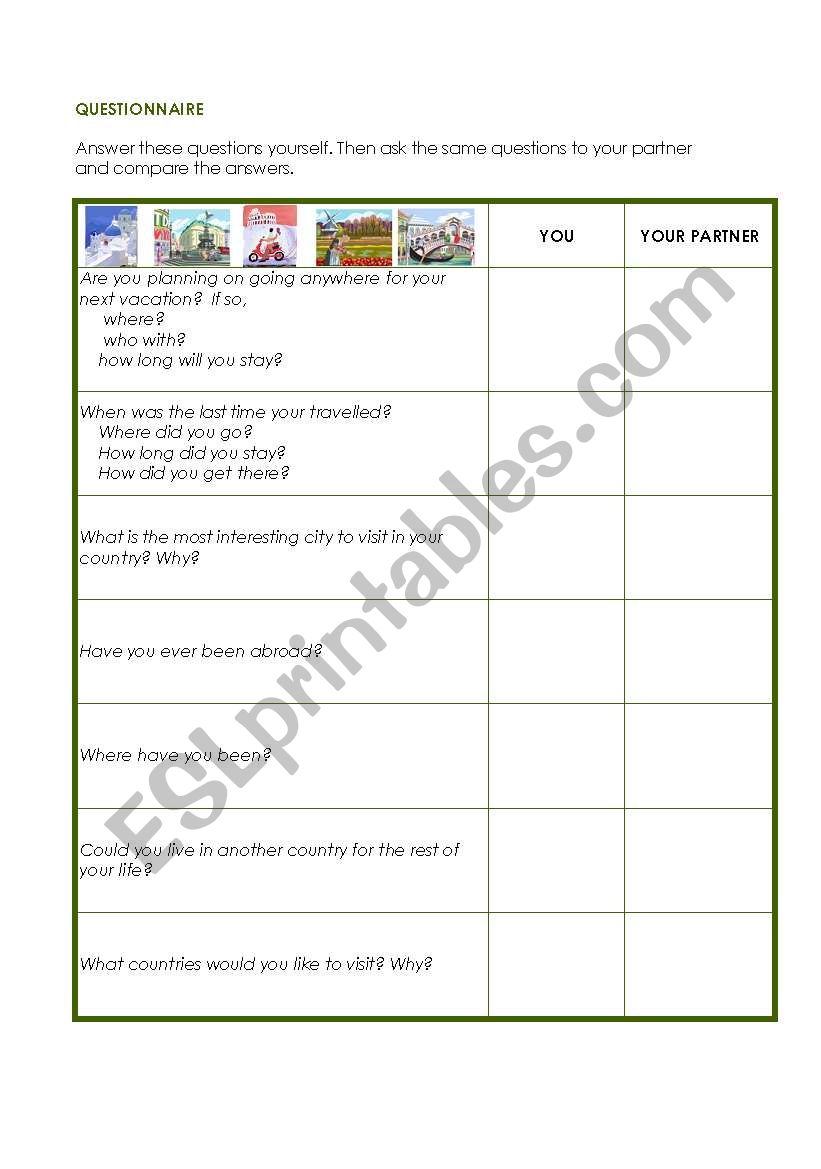 travelling questionnaire worksheet