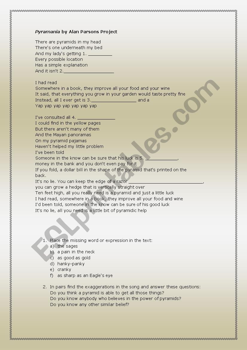 Pyramania Alan Parsons worksheet