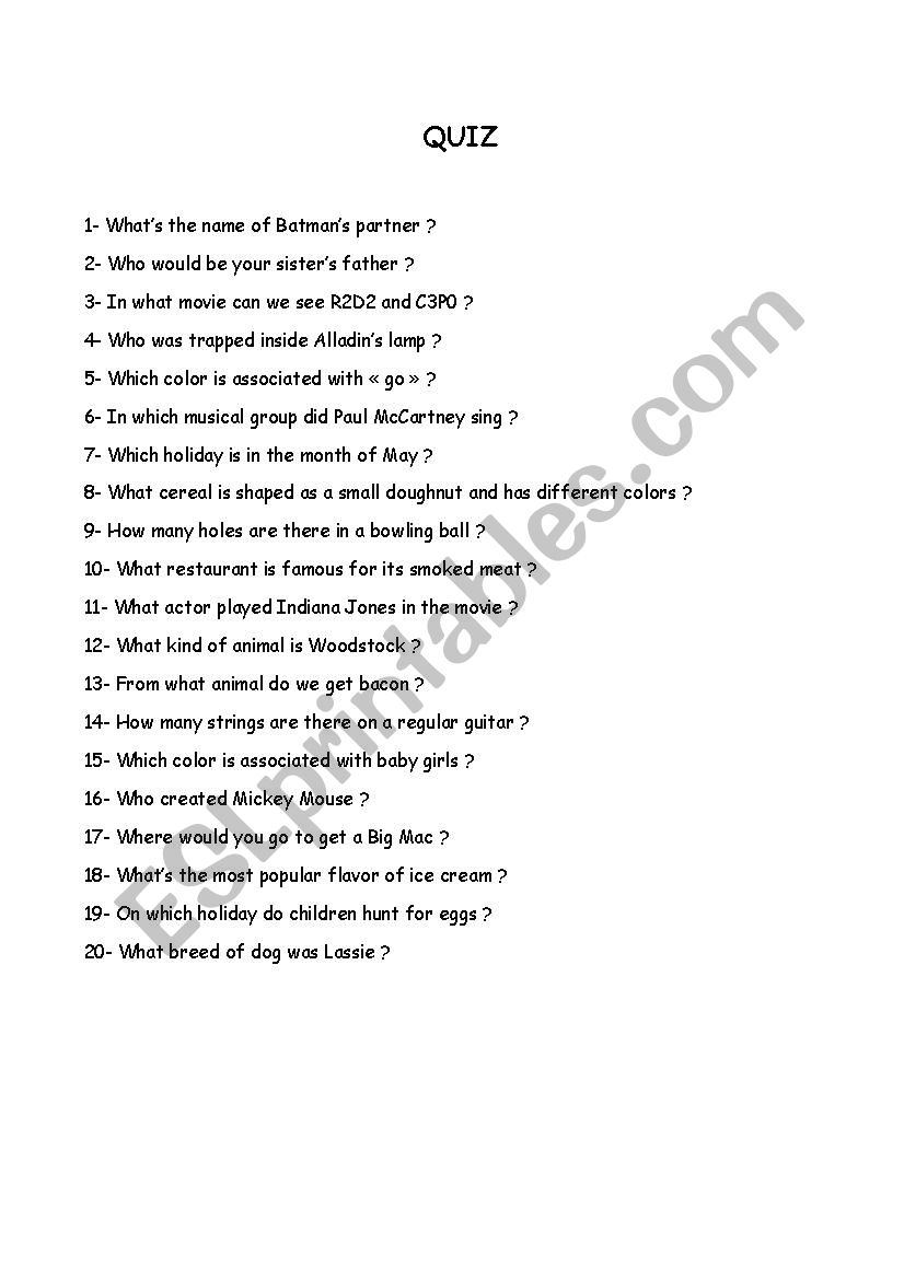 Three general knowledge quiz to practise question words
