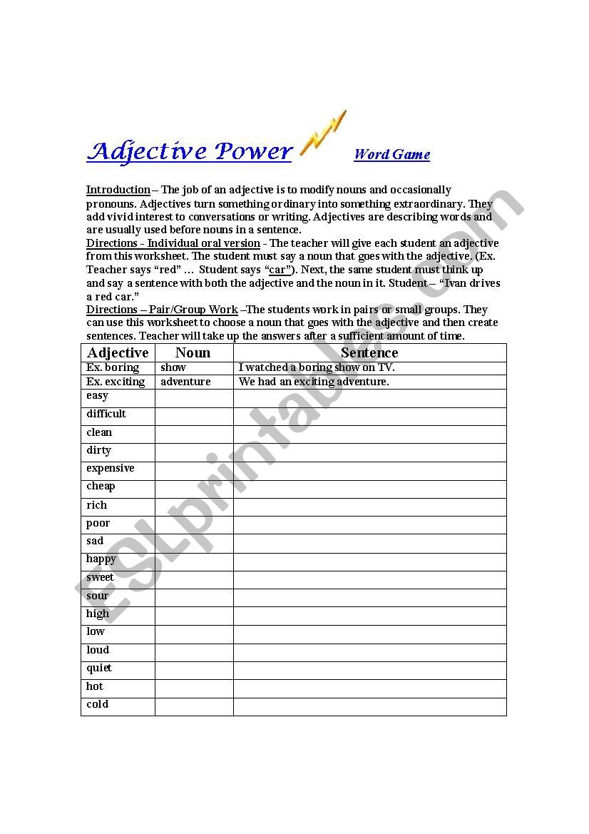Adjective Power - Word Game worksheet