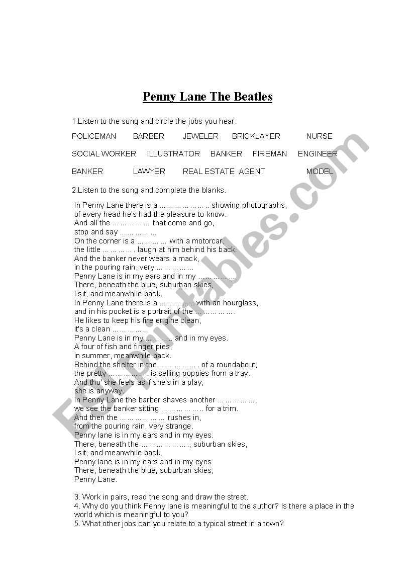 PENNY LANE  worksheet