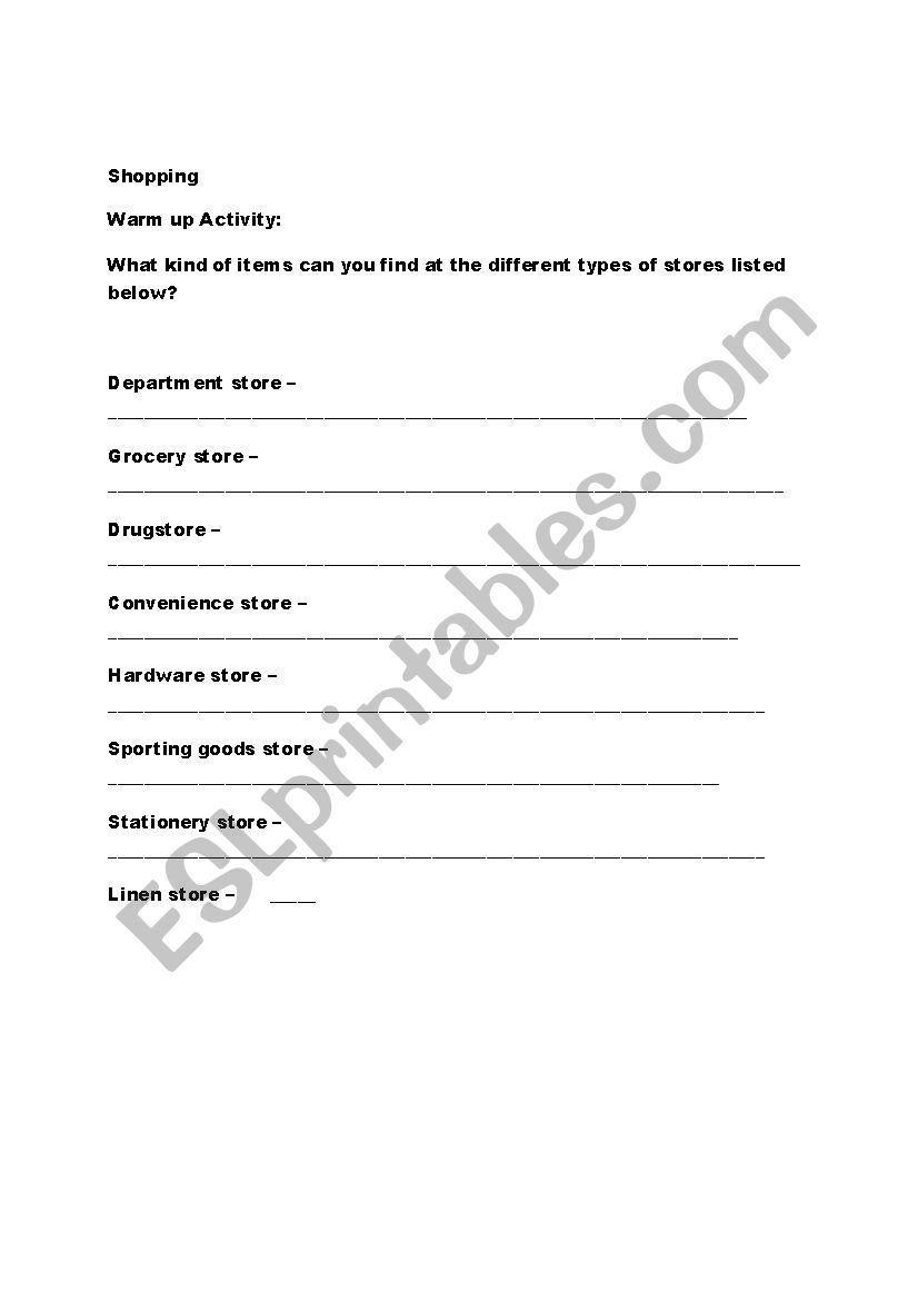 Shopping worksheet