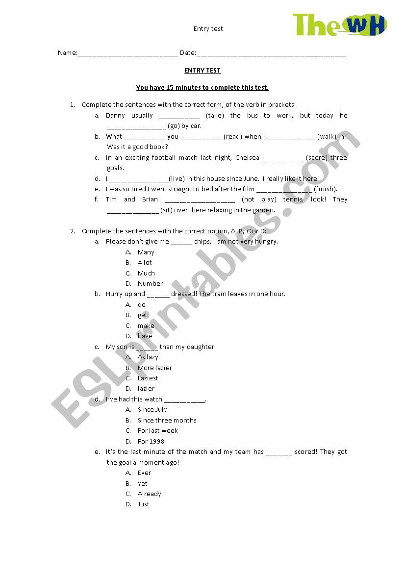 B1 level test worksheet
