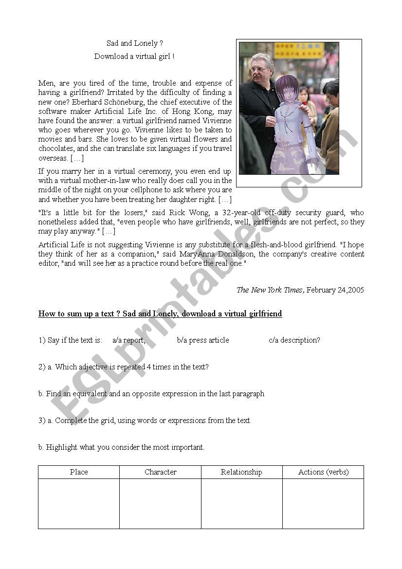 Adopt a Virtual Girlfriend worksheet