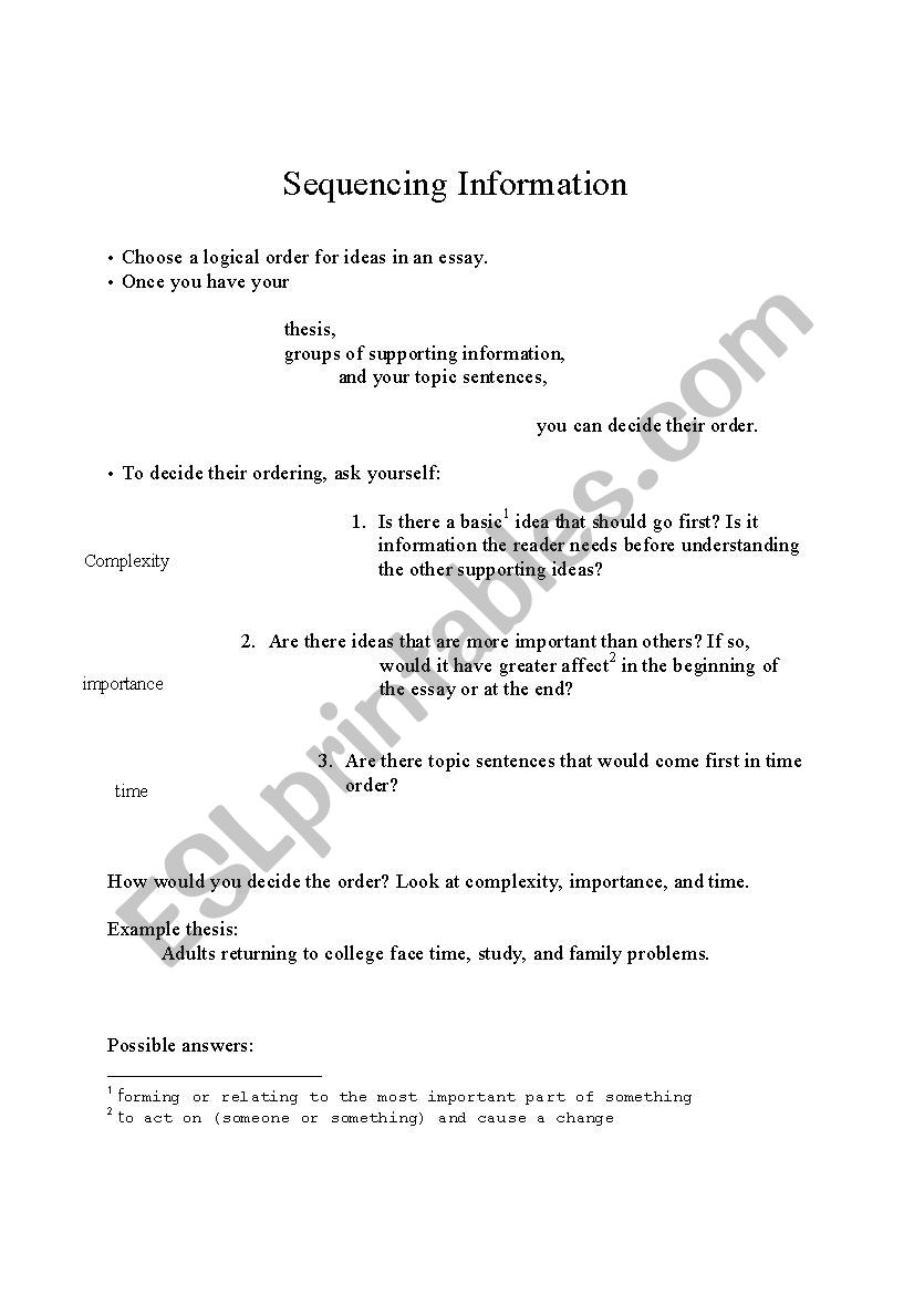 Sequencing Information worksheet