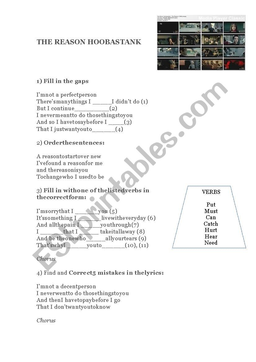 The Reason-Song by Hoobastank worksheet