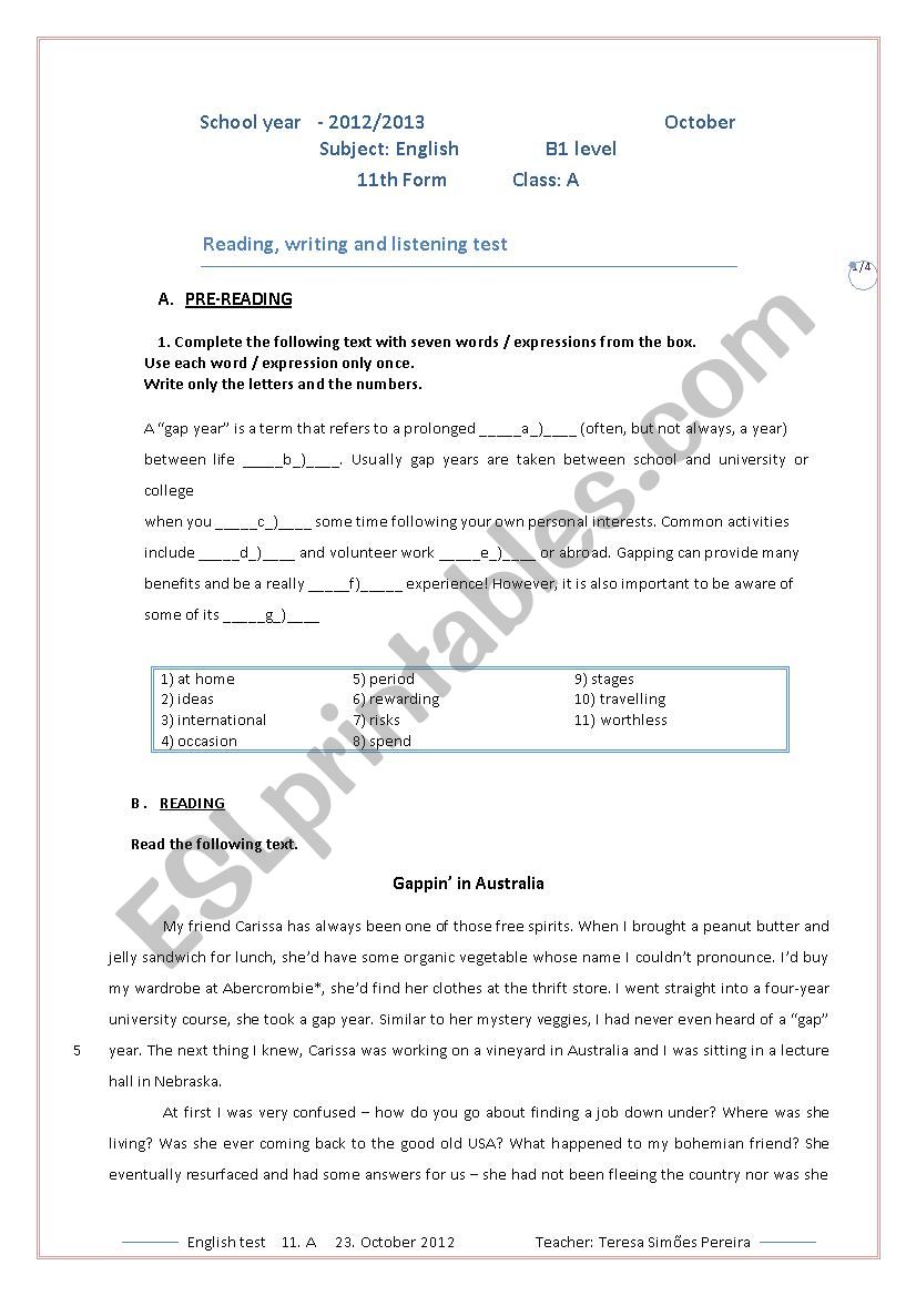 English test 11th form worksheet