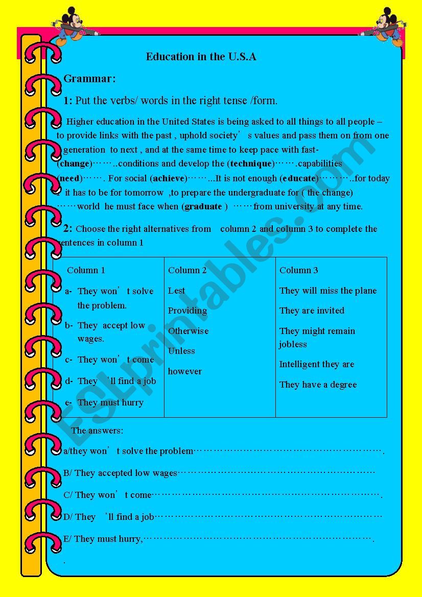 Education in the U.S.A worksheet