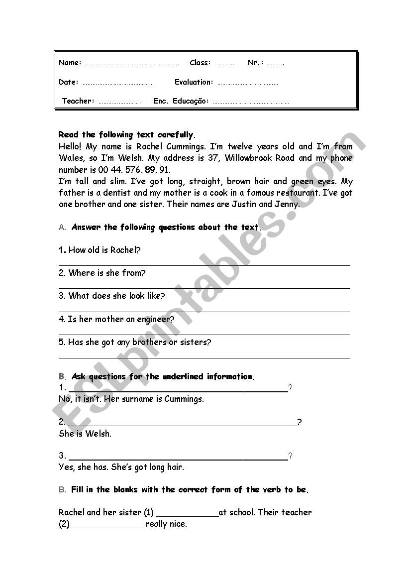 6th grade test worksheet