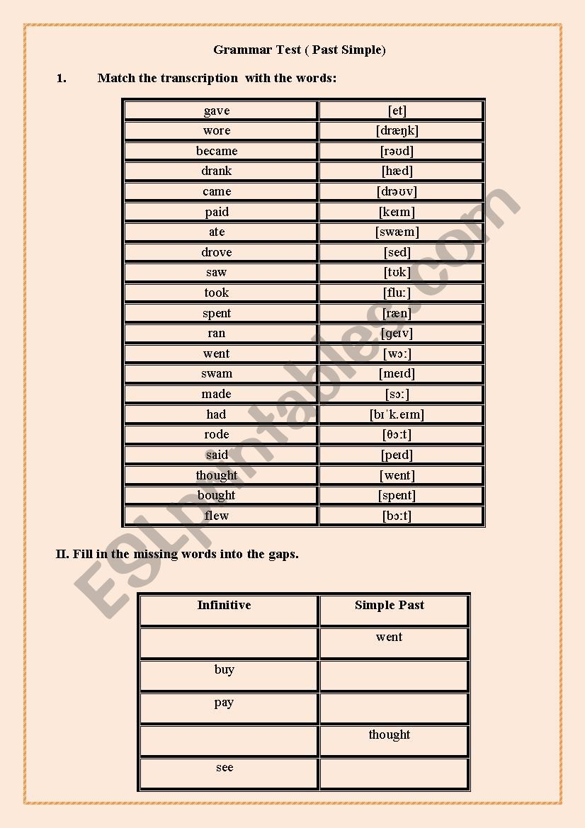 Past Simple ( Test) worksheet