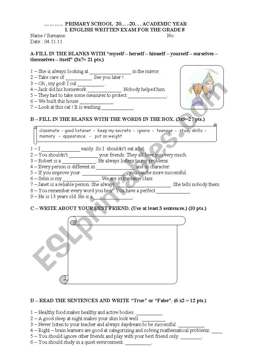 8th grade 1st exam 1st term worksheet