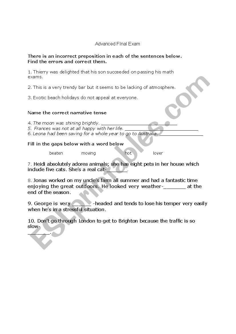 advanced level exercises worksheet