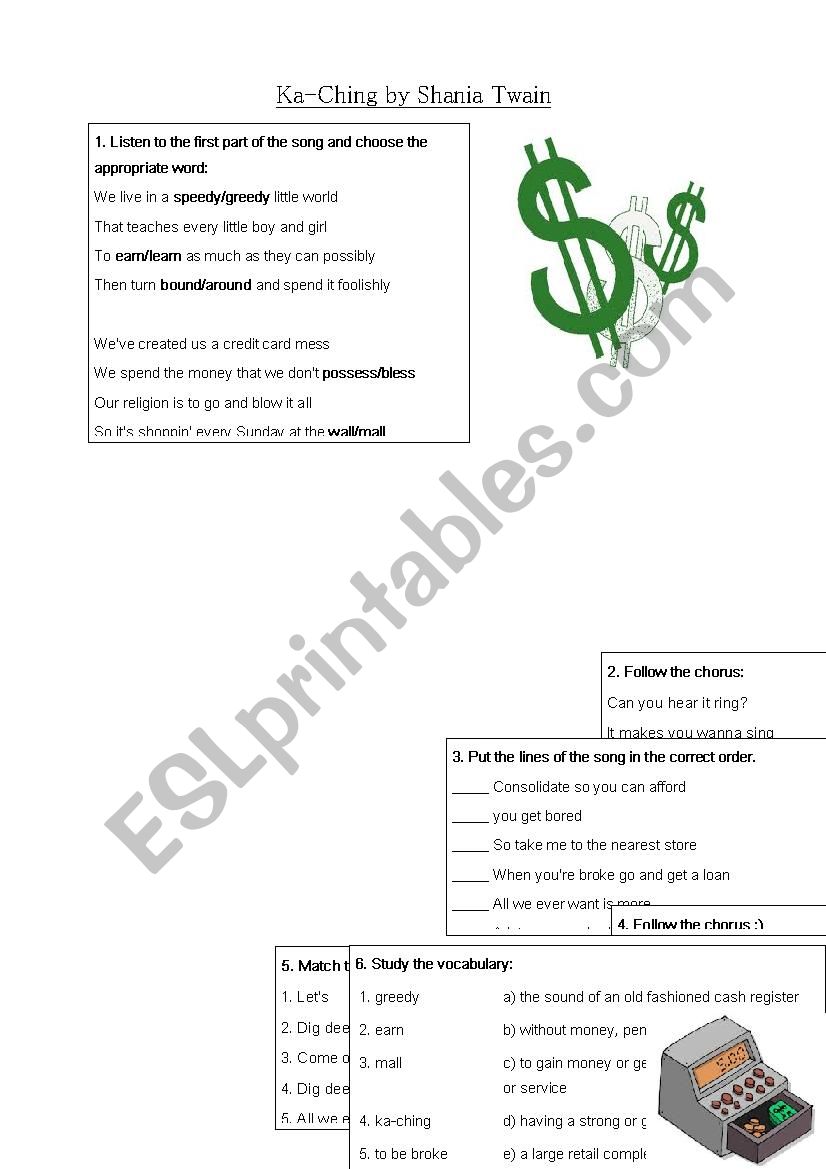 Ka Ching - Shania Twain - ESL worksheet by dzaga_1989