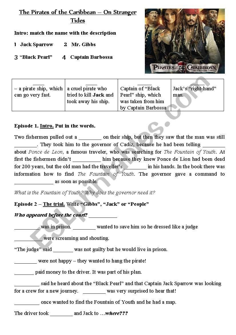 Pirates of the Carribbean - On Stranger Tides movie worksheet