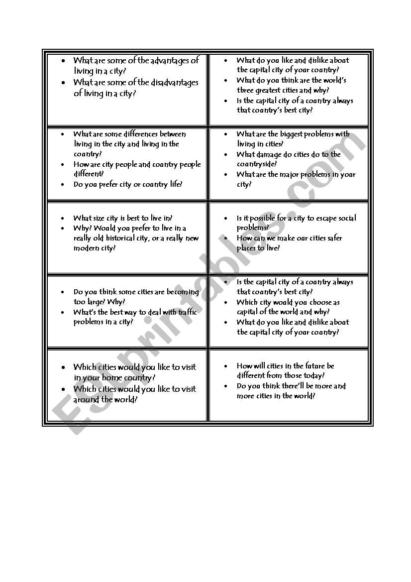 city vs country worksheet