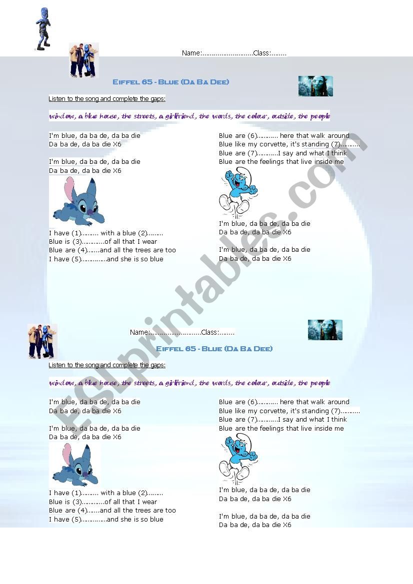 A Blue Song worksheet