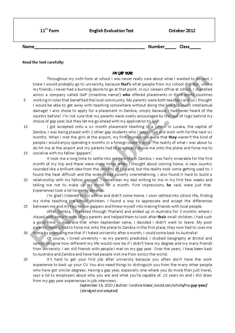 Gap Year Test worksheet