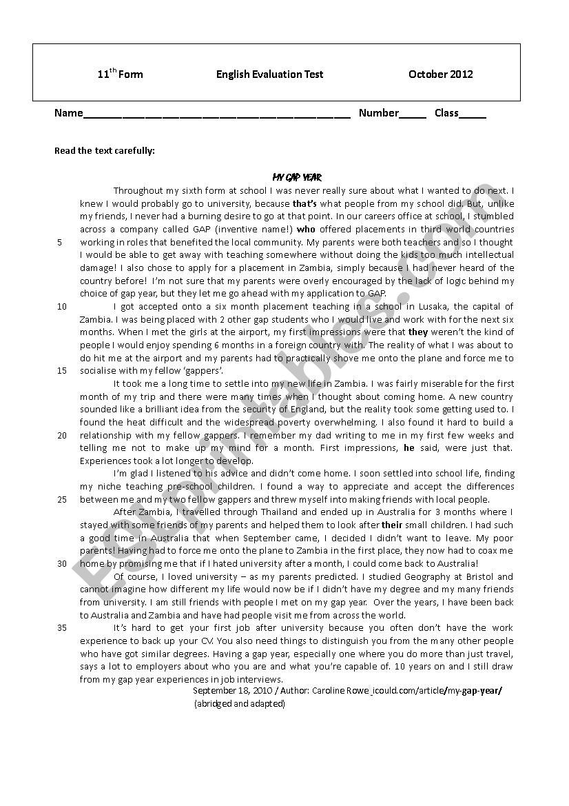 Gap Year Test worksheet