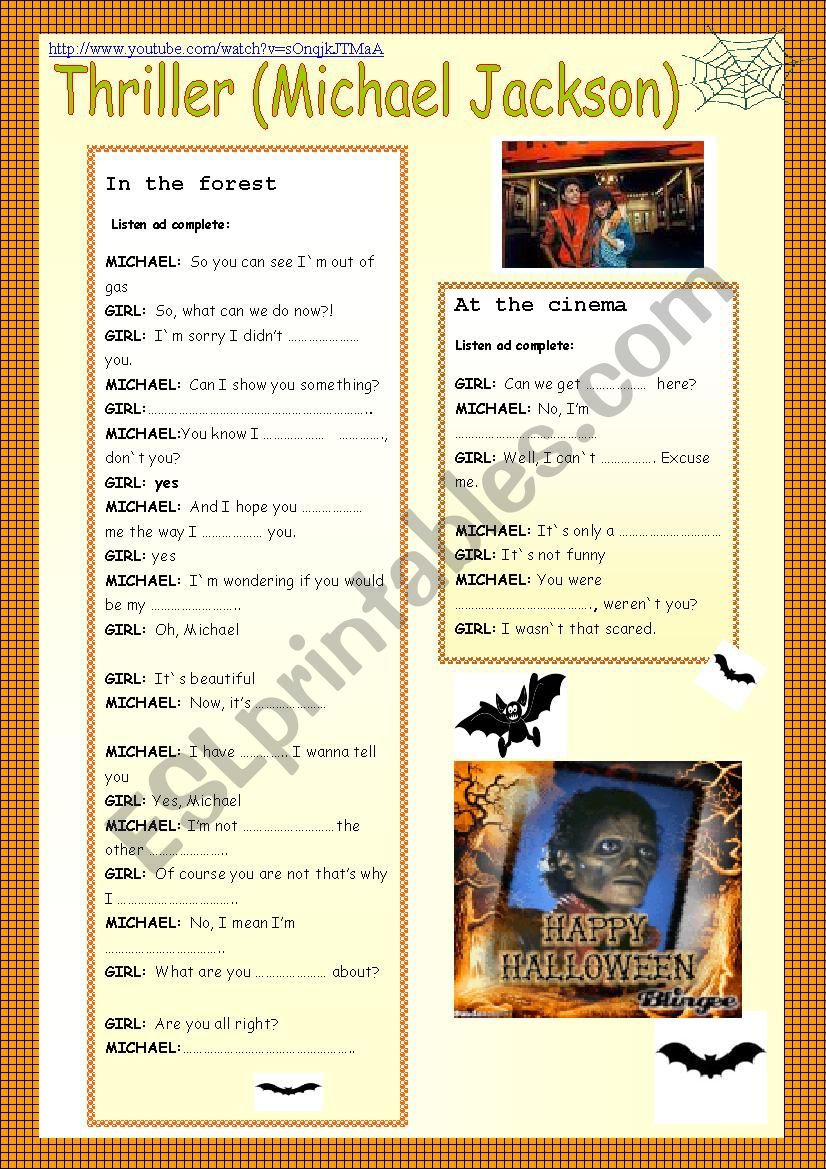 Thriller, Michael Jackson worksheet