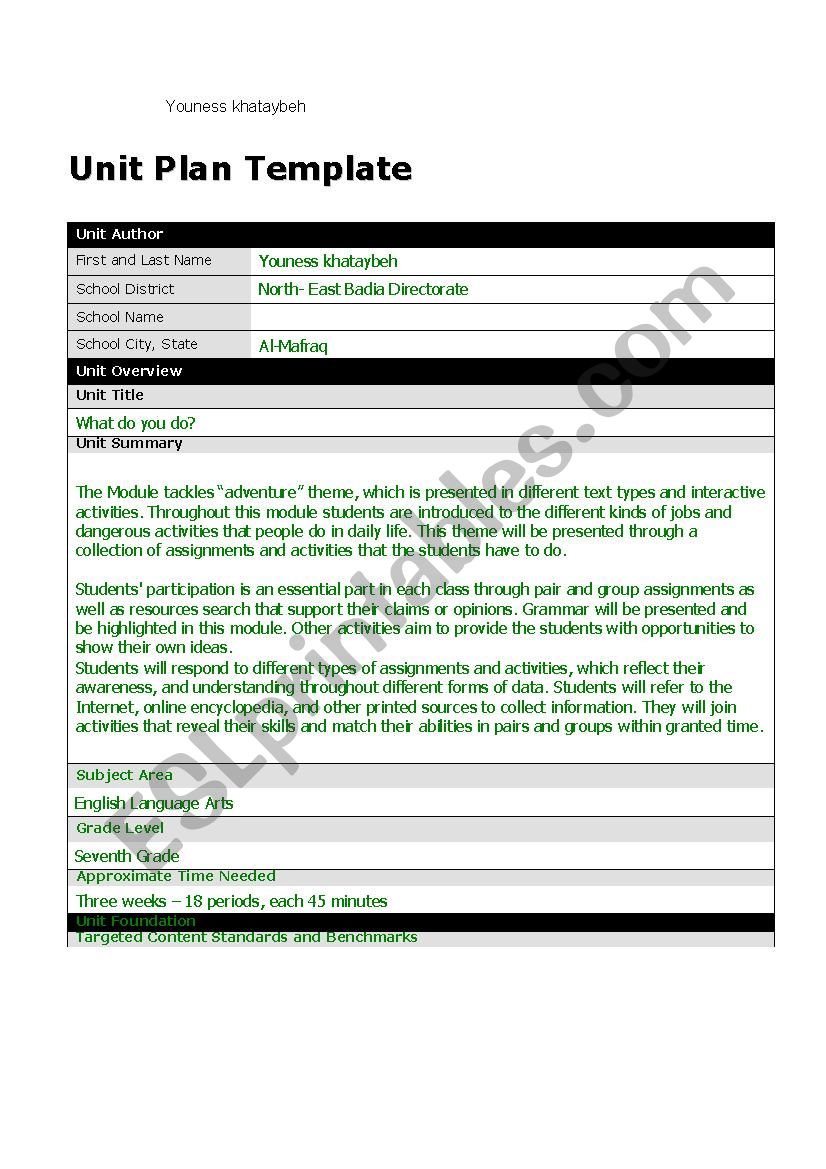 Unit Plan Template   worksheet