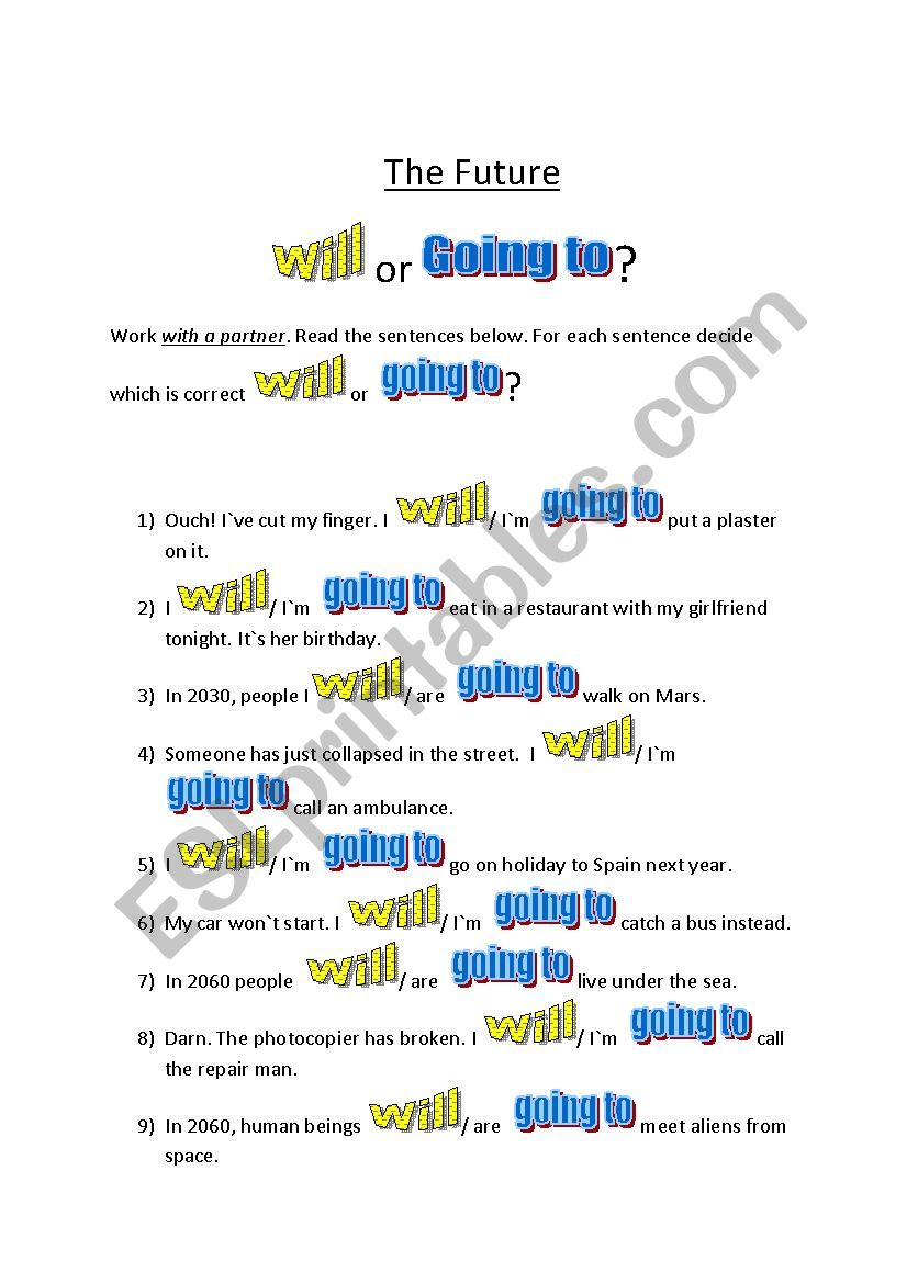 Will vs Going to worksheet