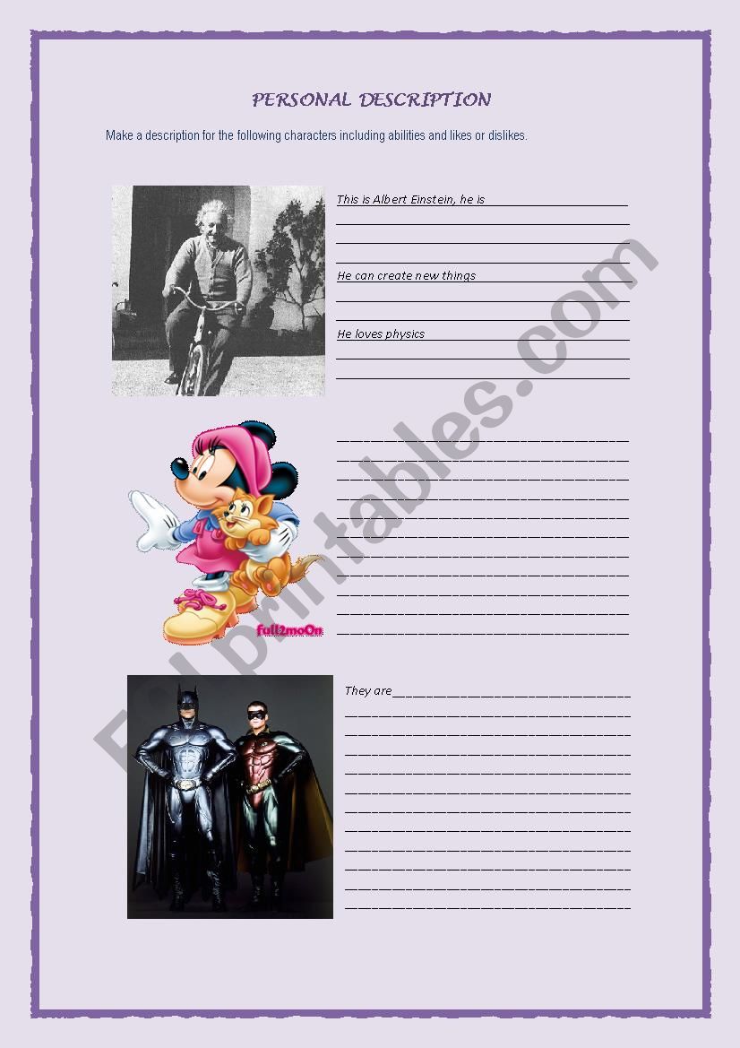 Personal Description worksheet