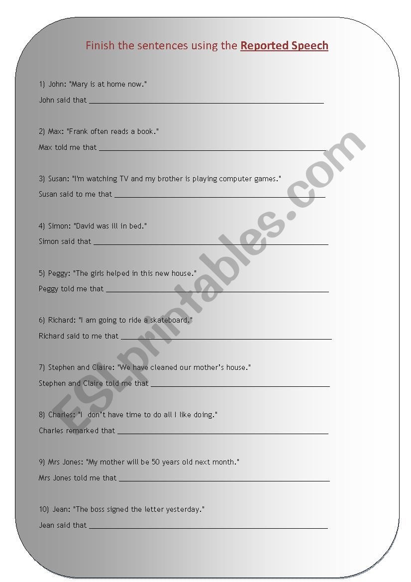 REPORTED SPEECH worksheet