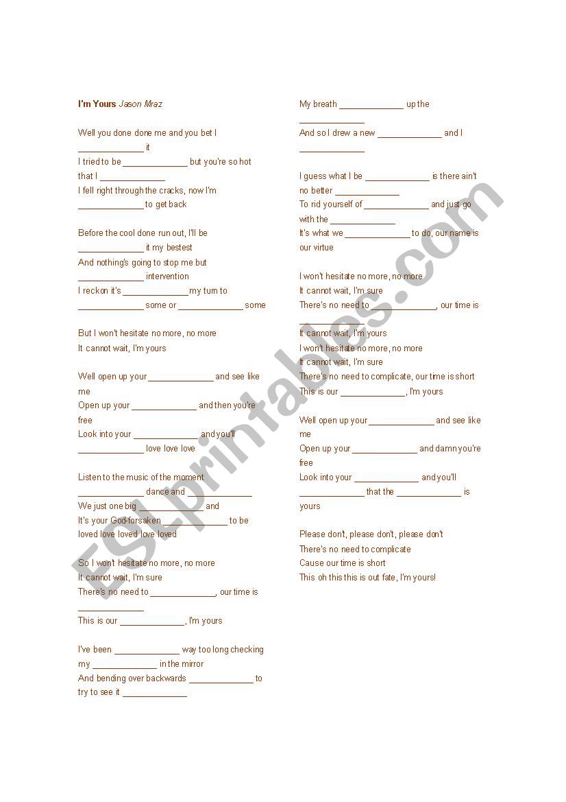 Song activity - Jason Mraz worksheet