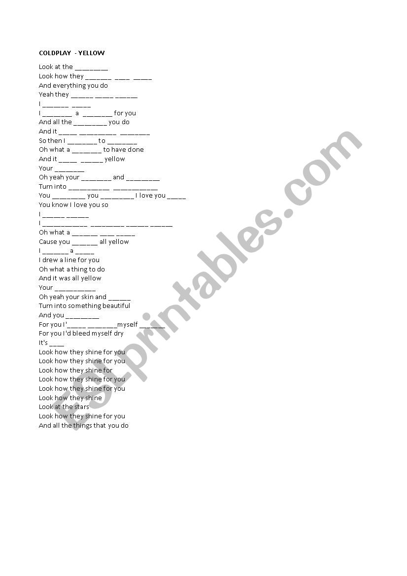 Coldplay - Yellow worksheet