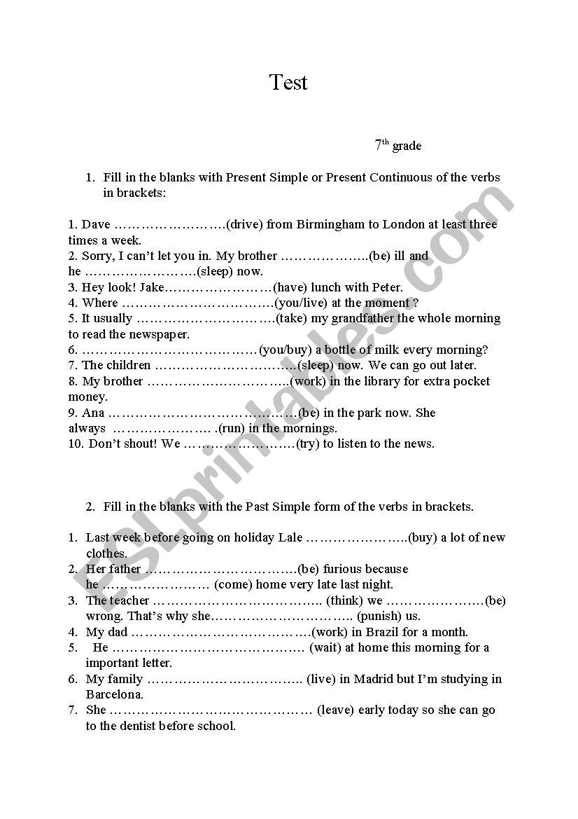 7 th grade test worksheet