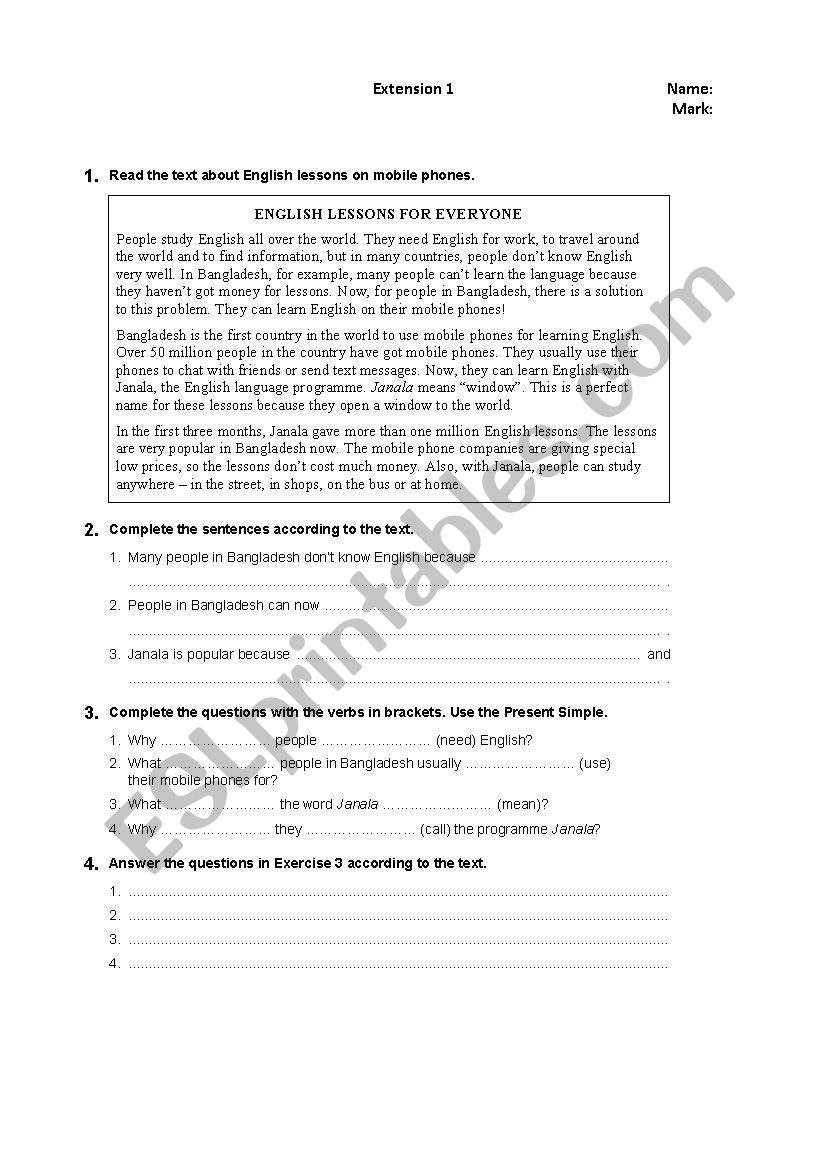 Extension Reading (Part 1) worksheet