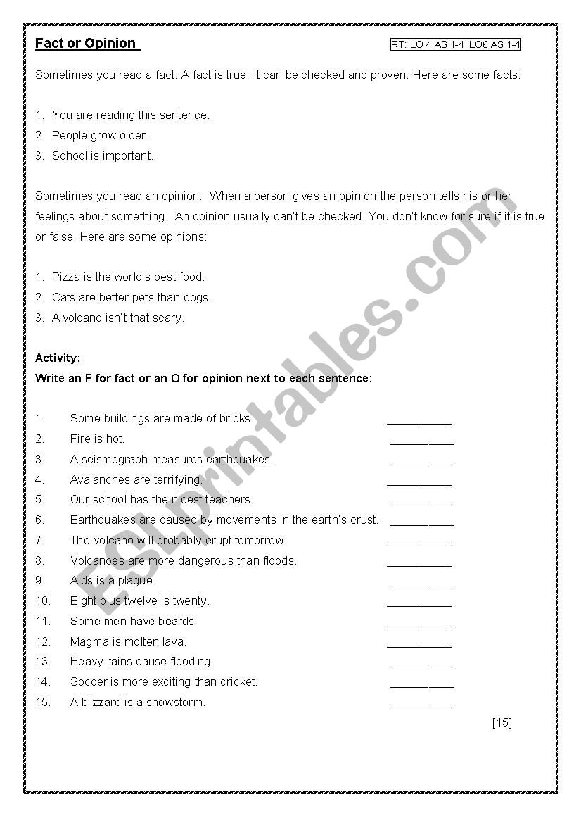 Fact and opinion worksheet