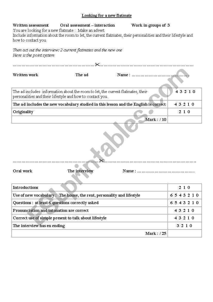 Flatmates worksheet