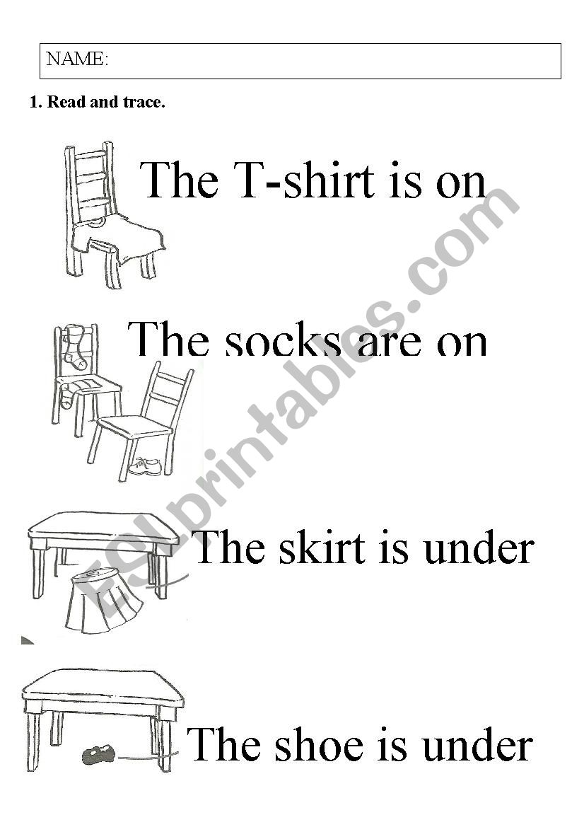 Read and trace - prepositions and clothes.