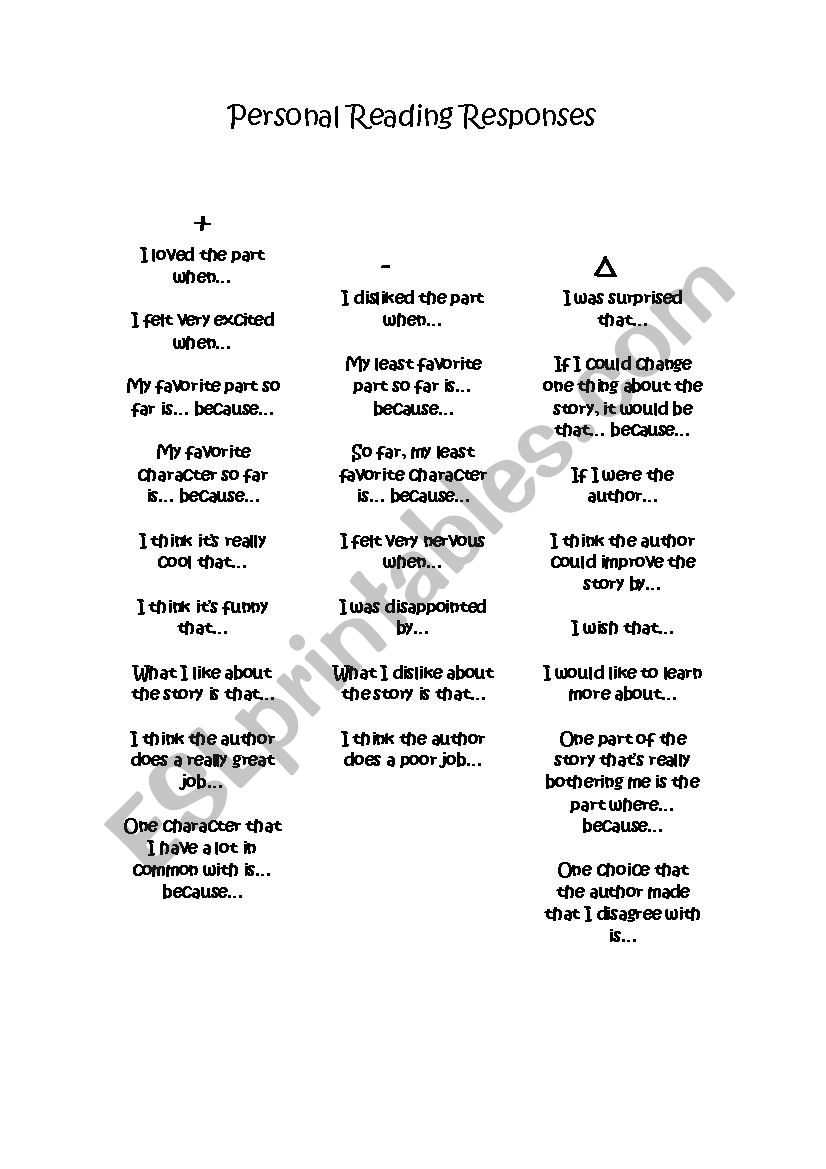 Personal Reading Responses worksheet