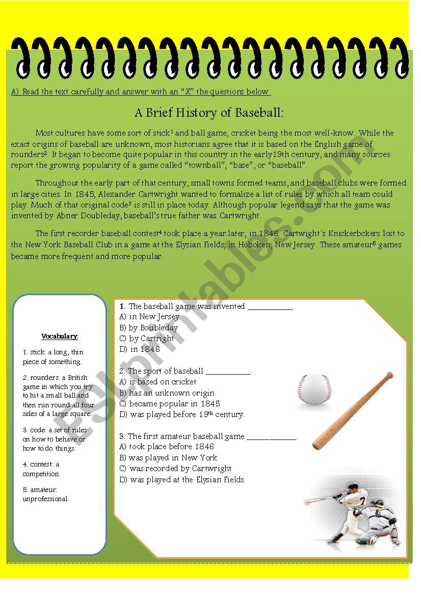 A Brief History of Baseball  worksheet
