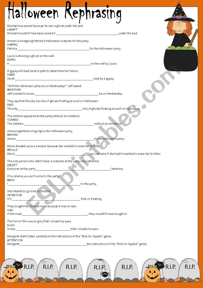 Halloween rephrasing worksheet