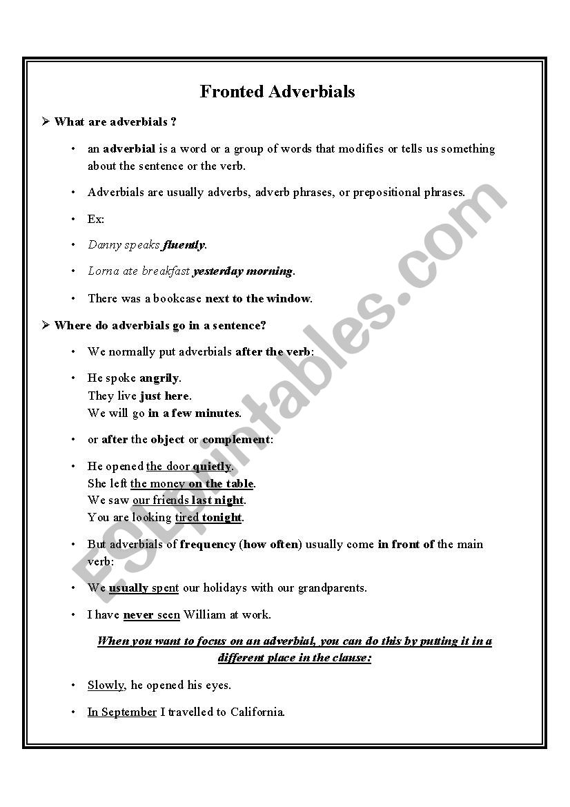 fronted adverbials worksheet